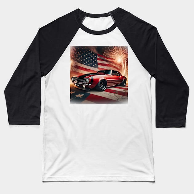 Chevrolet Camaro and The American Flag by Gas Autos Baseball T-Shirt by GasAut0s